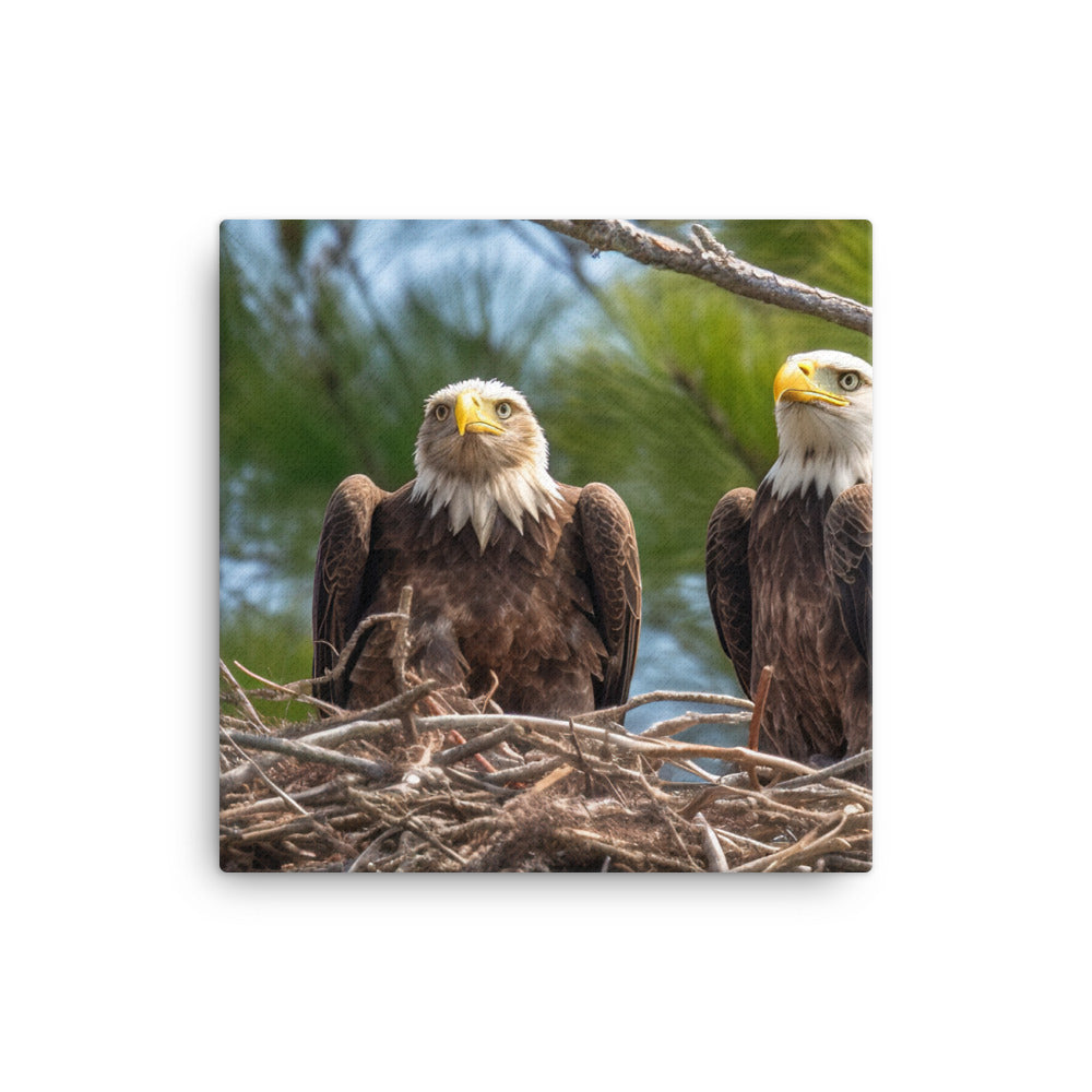 Bald Eagle in its Nest with Eaglets Canvas - PosterfyAI.com