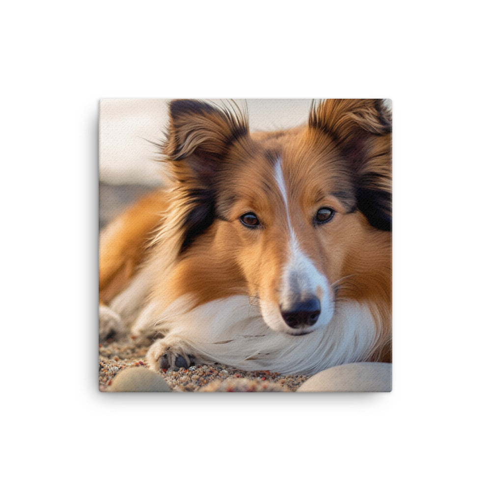 Shetland Sheepdog Relaxing on the Beach Canvas - PosterfyAI.com