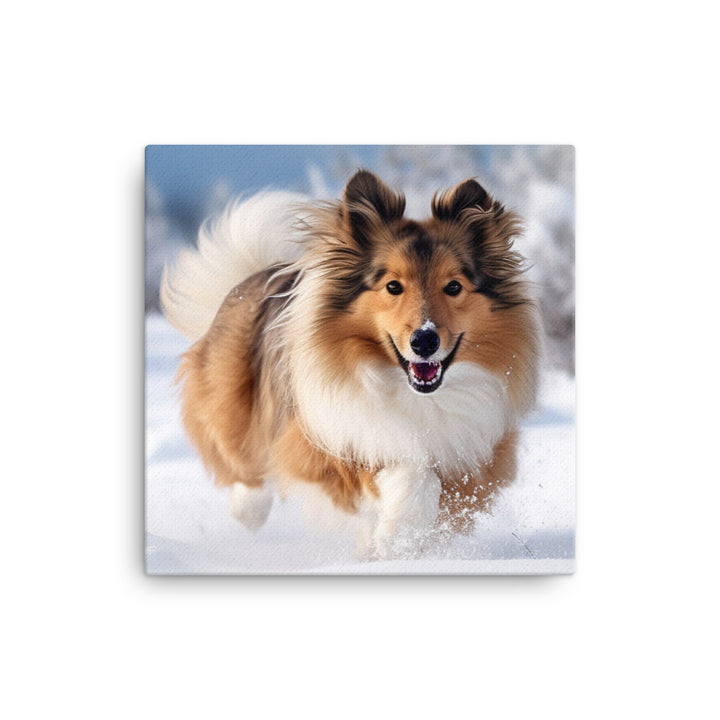 Shetland Sheepdog Playing in the Snow Canvas - PosterfyAI.com