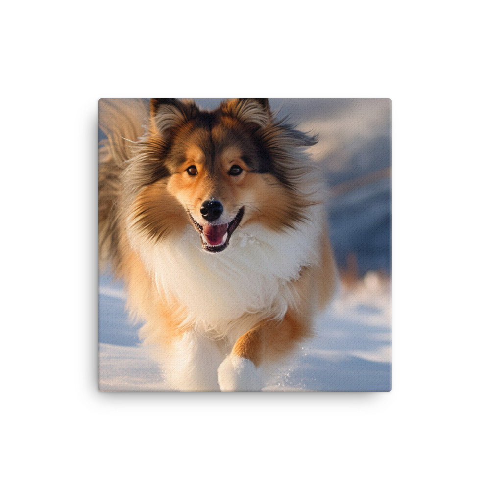 Shetland Sheepdog Playing in the Snow Canvas - PosterfyAI.com