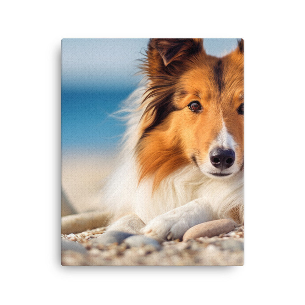 Shetland Sheepdog Relaxing on the Beach Canvas - PosterfyAI.com