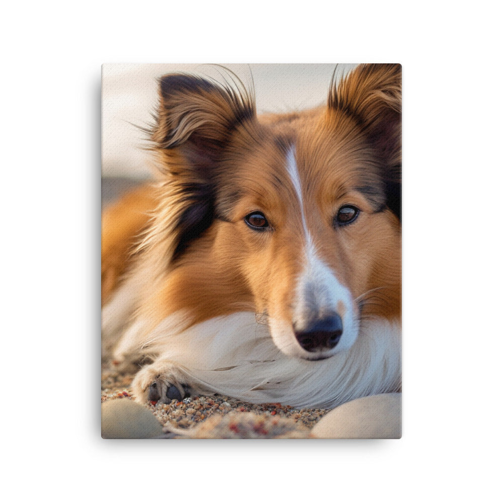 Shetland Sheepdog Relaxing on the Beach Canvas - PosterfyAI.com