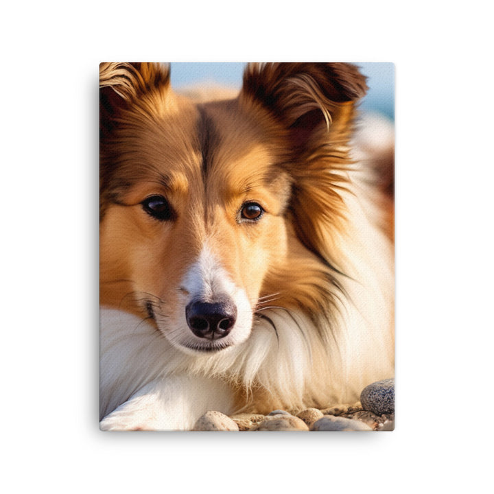 Shetland Sheepdog Relaxing on the Beach Canvas - PosterfyAI.com