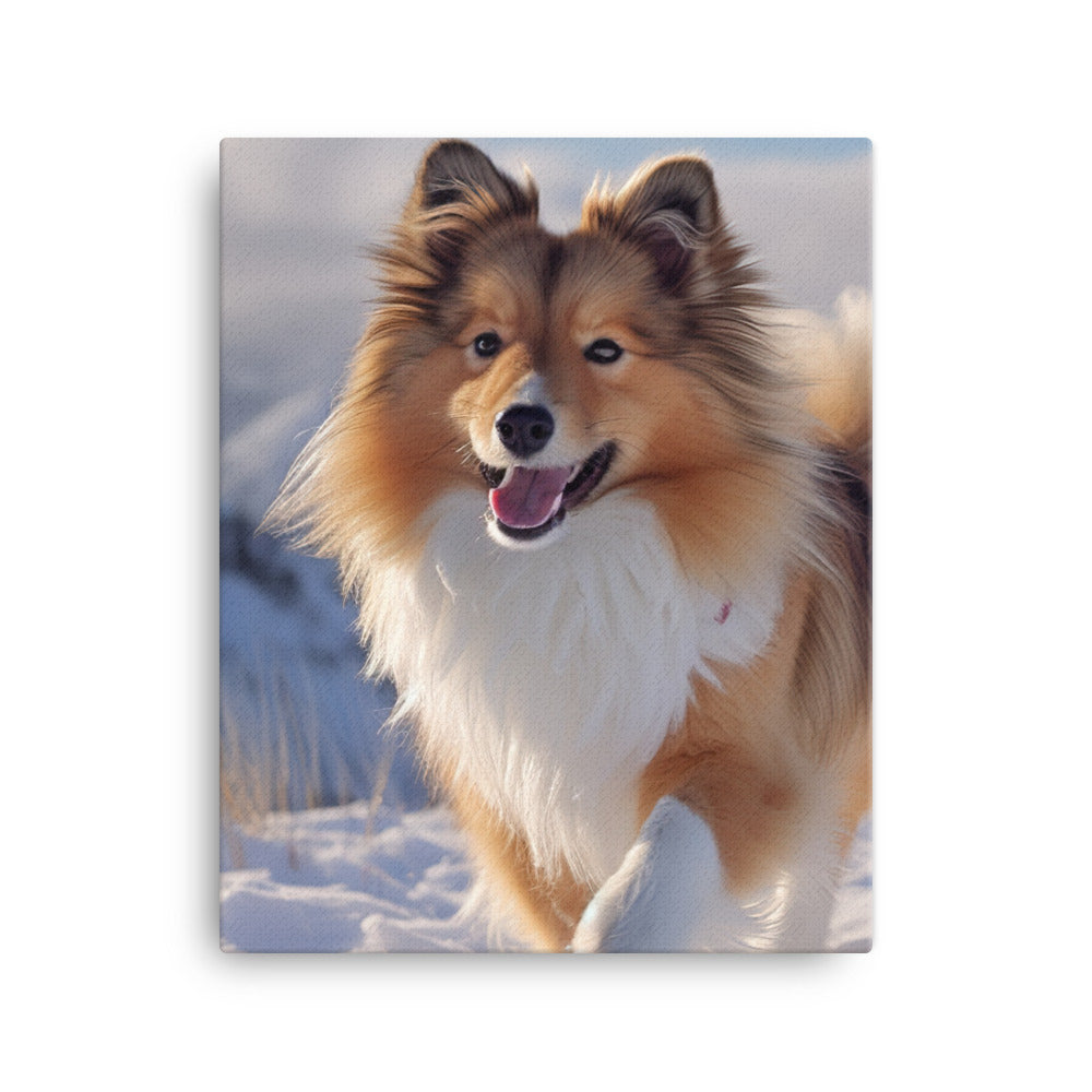 Shetland Sheepdog Playing in the Snow Canvas - PosterfyAI.com