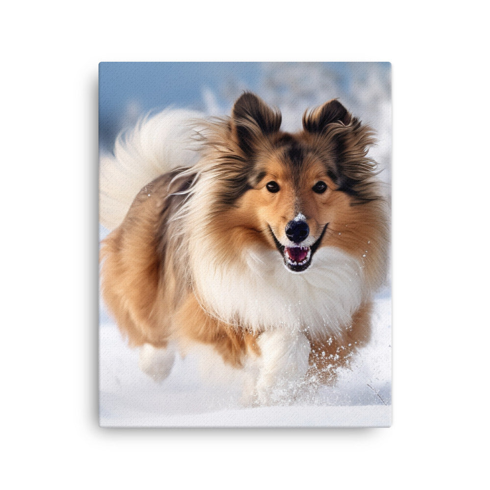 Shetland Sheepdog Playing in the Snow Canvas - PosterfyAI.com