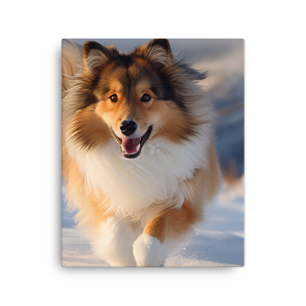 Shetland Sheepdog Playing in the Snow Canvas - PosterfyAI.com