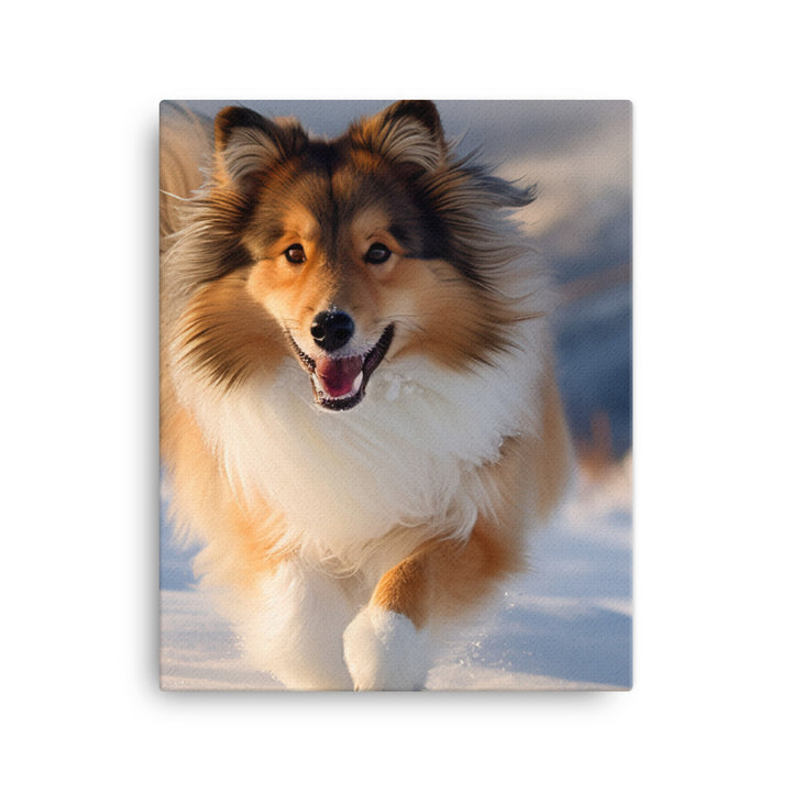 Shetland Sheepdog Playing in the Snow Canvas - PosterfyAI.com