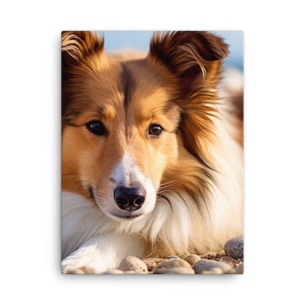 Shetland Sheepdog Relaxing on the Beach Canvas - PosterfyAI.com
