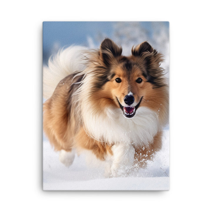 Shetland Sheepdog Playing in the Snow Canvas - PosterfyAI.com