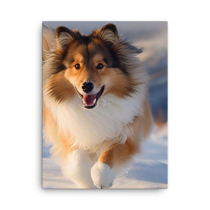 Shetland Sheepdog Playing in the Snow Canvas - PosterfyAI.com