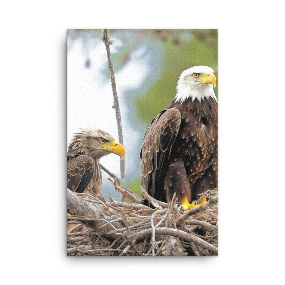 Bald Eagle in its Nest with Eaglets Canvas - PosterfyAI.com