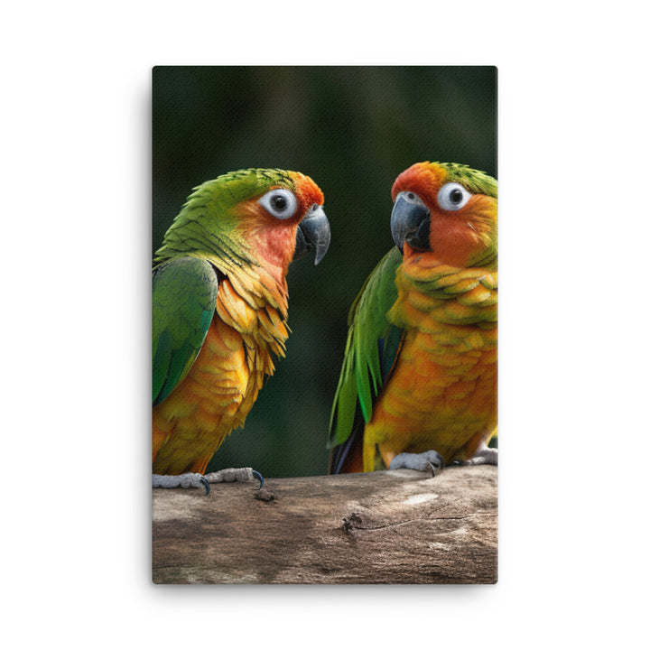Two Conures perched side by side Canvas - PosterfyAI.com