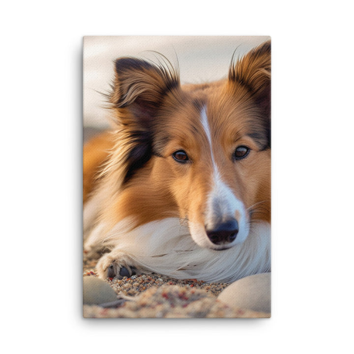 Shetland Sheepdog Relaxing on the Beach Canvas - PosterfyAI.com