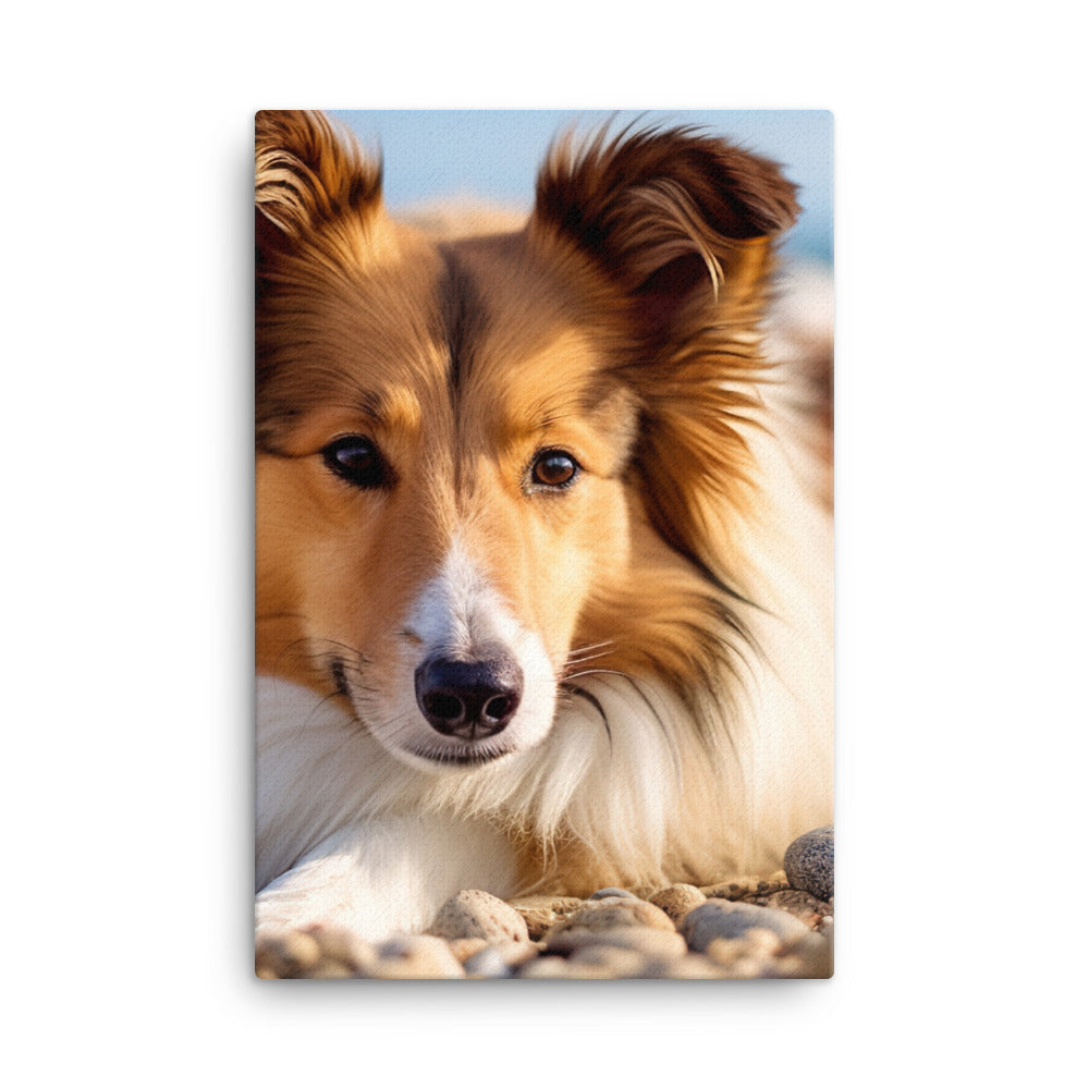 Shetland Sheepdog Relaxing on the Beach Canvas - PosterfyAI.com