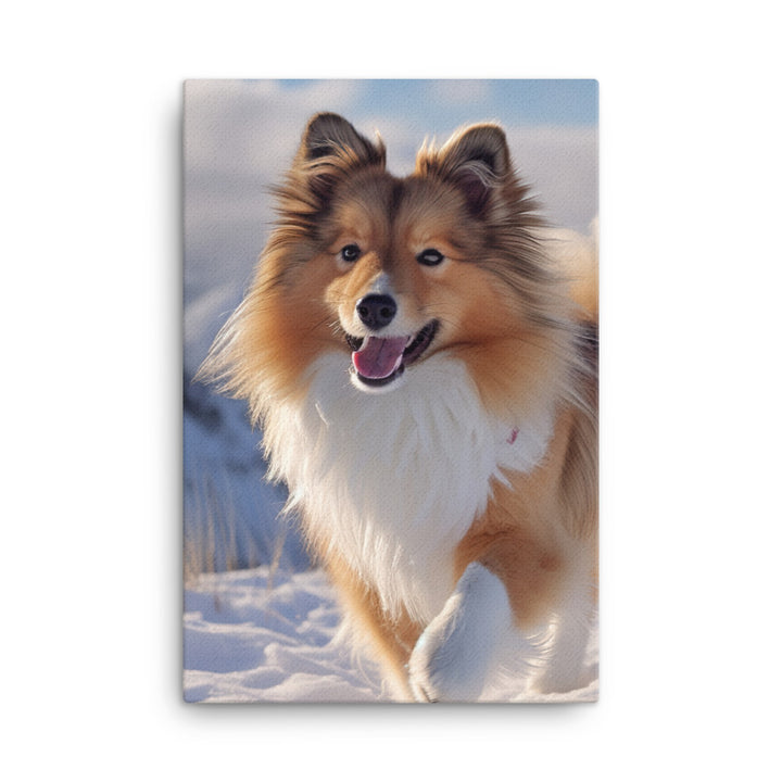 Shetland Sheepdog Playing in the Snow Canvas - PosterfyAI.com