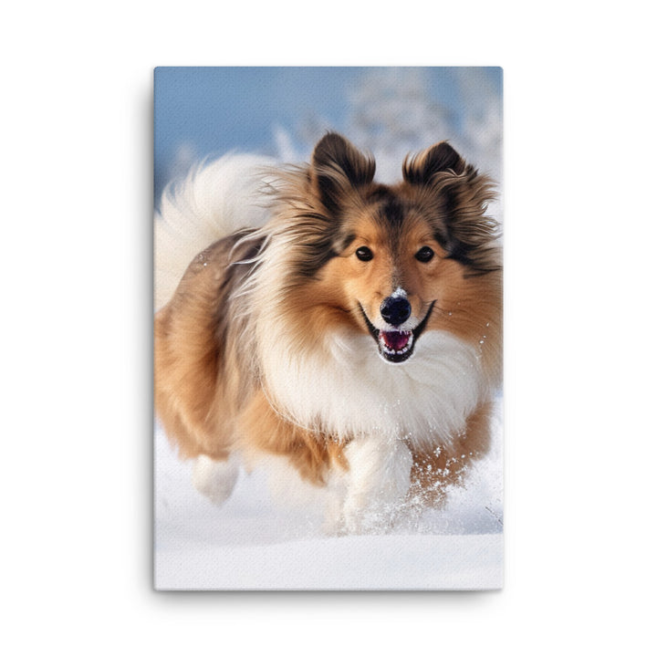 Shetland Sheepdog Playing in the Snow Canvas - PosterfyAI.com