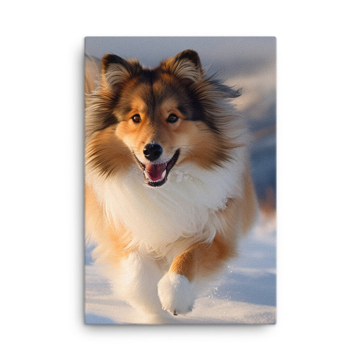 Shetland Sheepdog Playing in the Snow Canvas - PosterfyAI.com