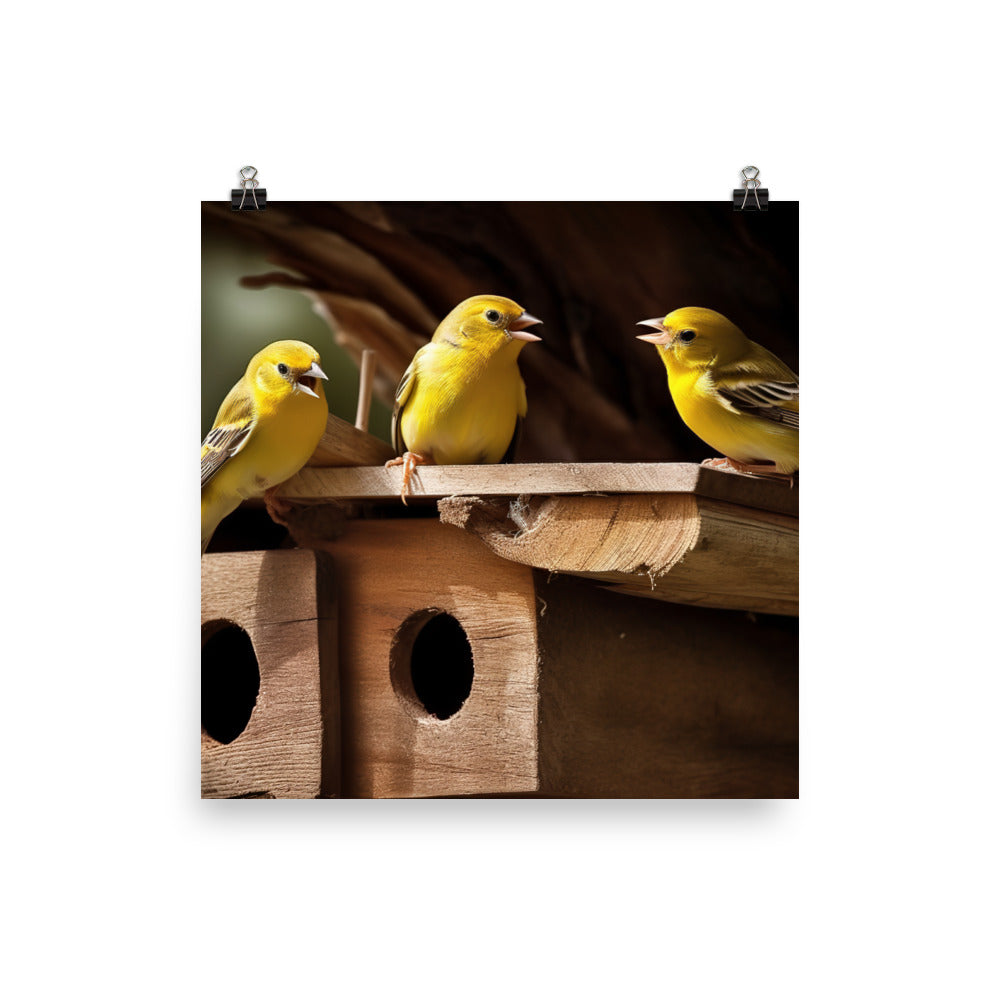 Singing canaries in a birdhouse Photo paper poster - PosterfyAI.com