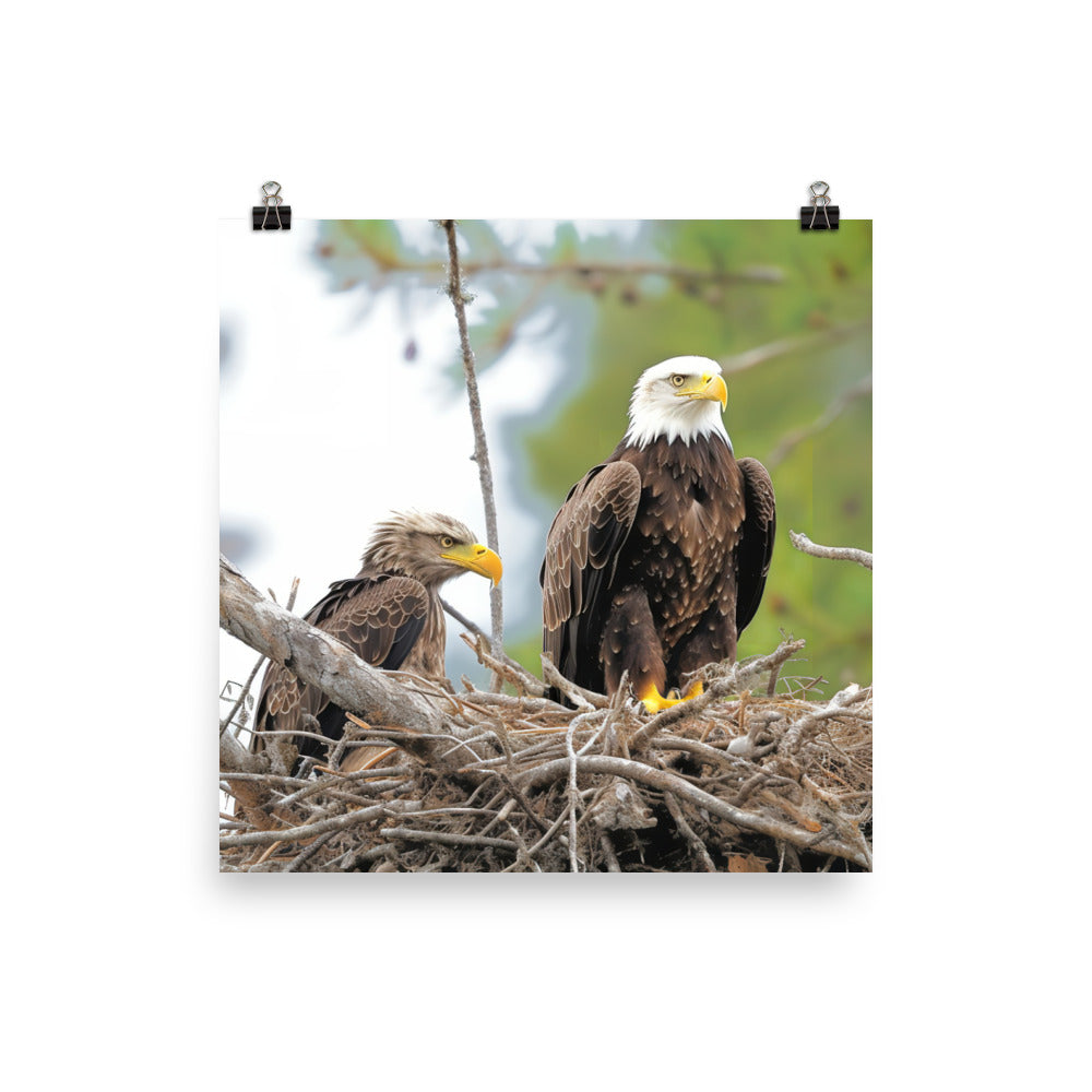 Bald Eagle in its Nest with Eaglets Photo paper poster - PosterfyAI.com