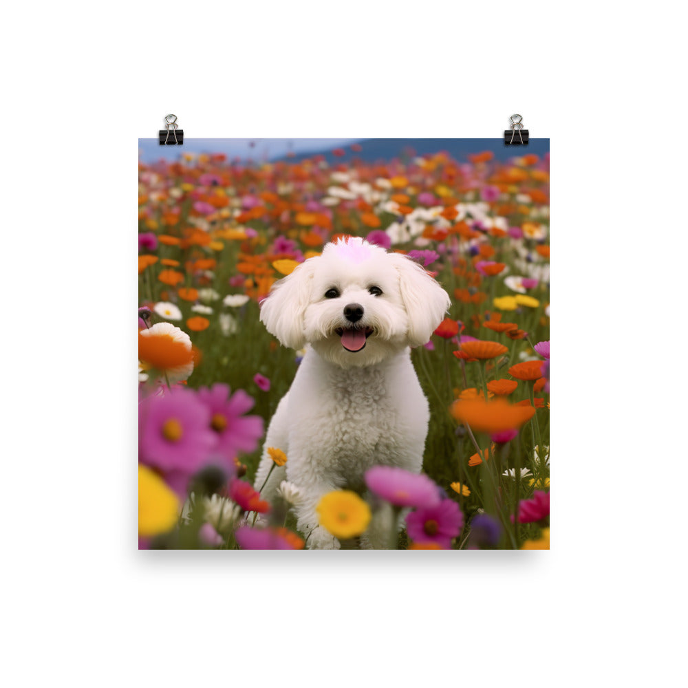 Bichon Frise in a Field of Flowers Photo paper poster - PosterfyAI.com