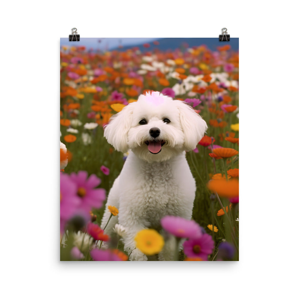 Bichon Frise in a Field of Flowers Photo paper poster - PosterfyAI.com