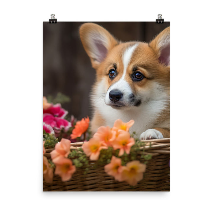 Welsh Corgi Puppy in a Basket Photo paper poster - PosterfyAI.com