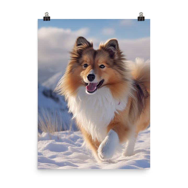 Shetland Sheepdog Playing in the Snow Photo paper poster - PosterfyAI.com