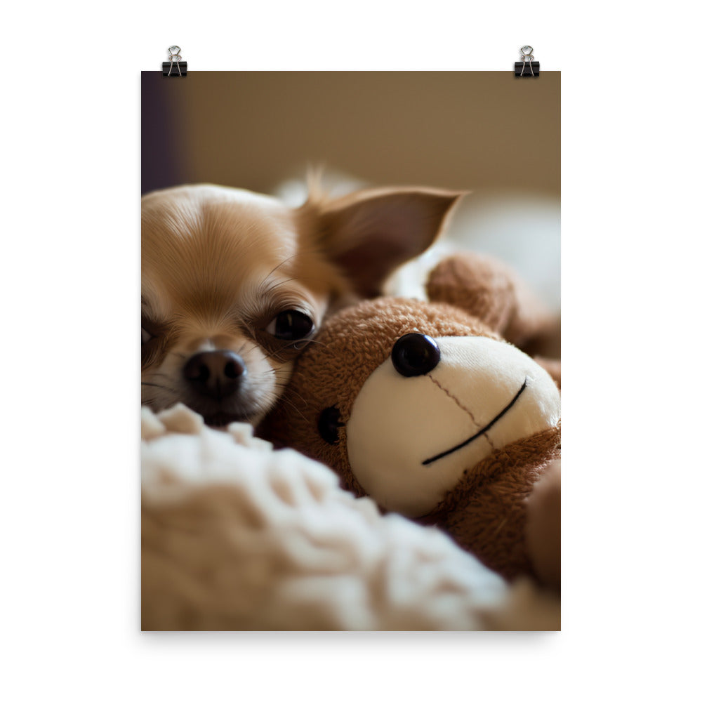 A Chihuahua snuggled up with a plush toy Photo paper poster - PosterfyAI.com