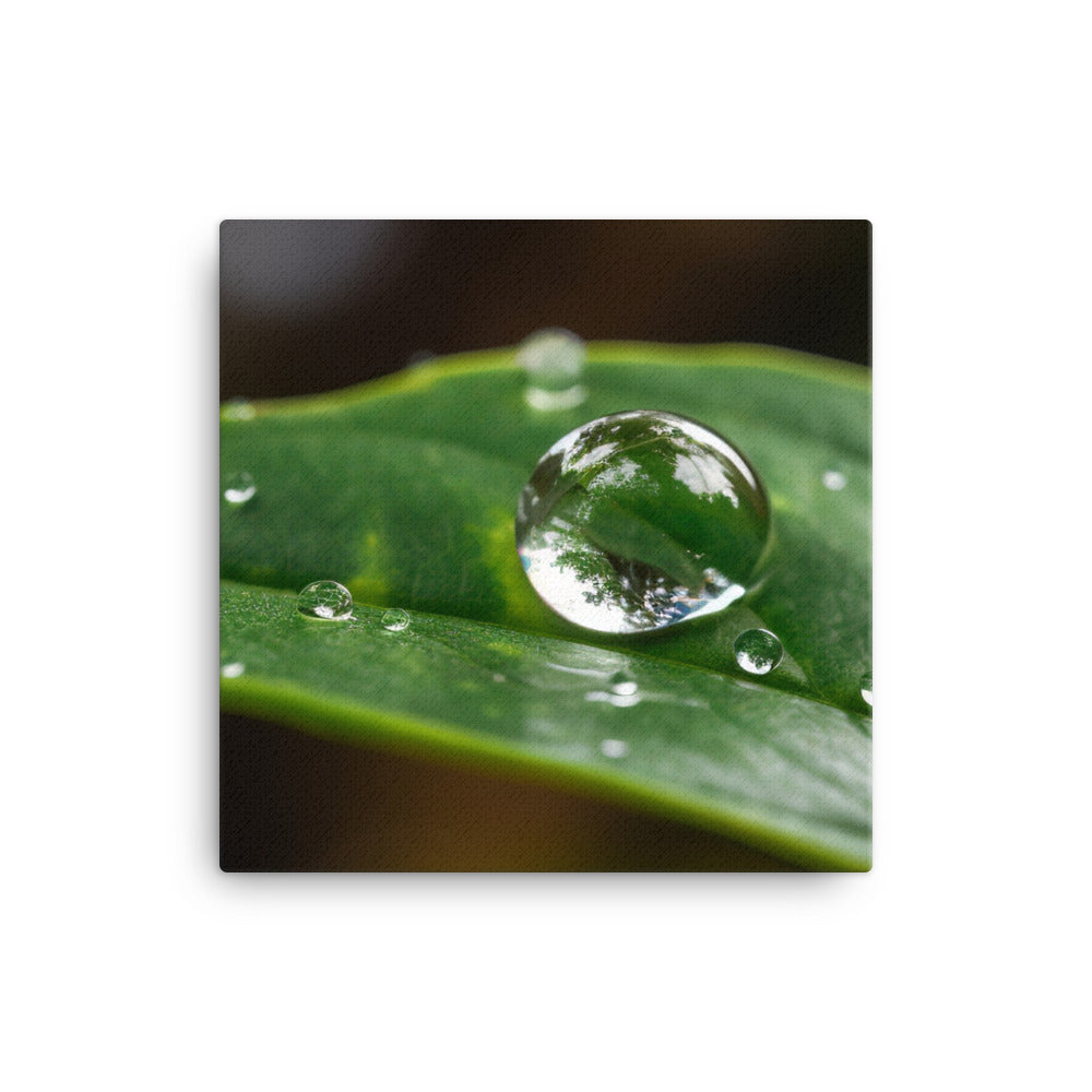 A close-up shot of a water droplet on a green leaf canvas - Posterfy.AI