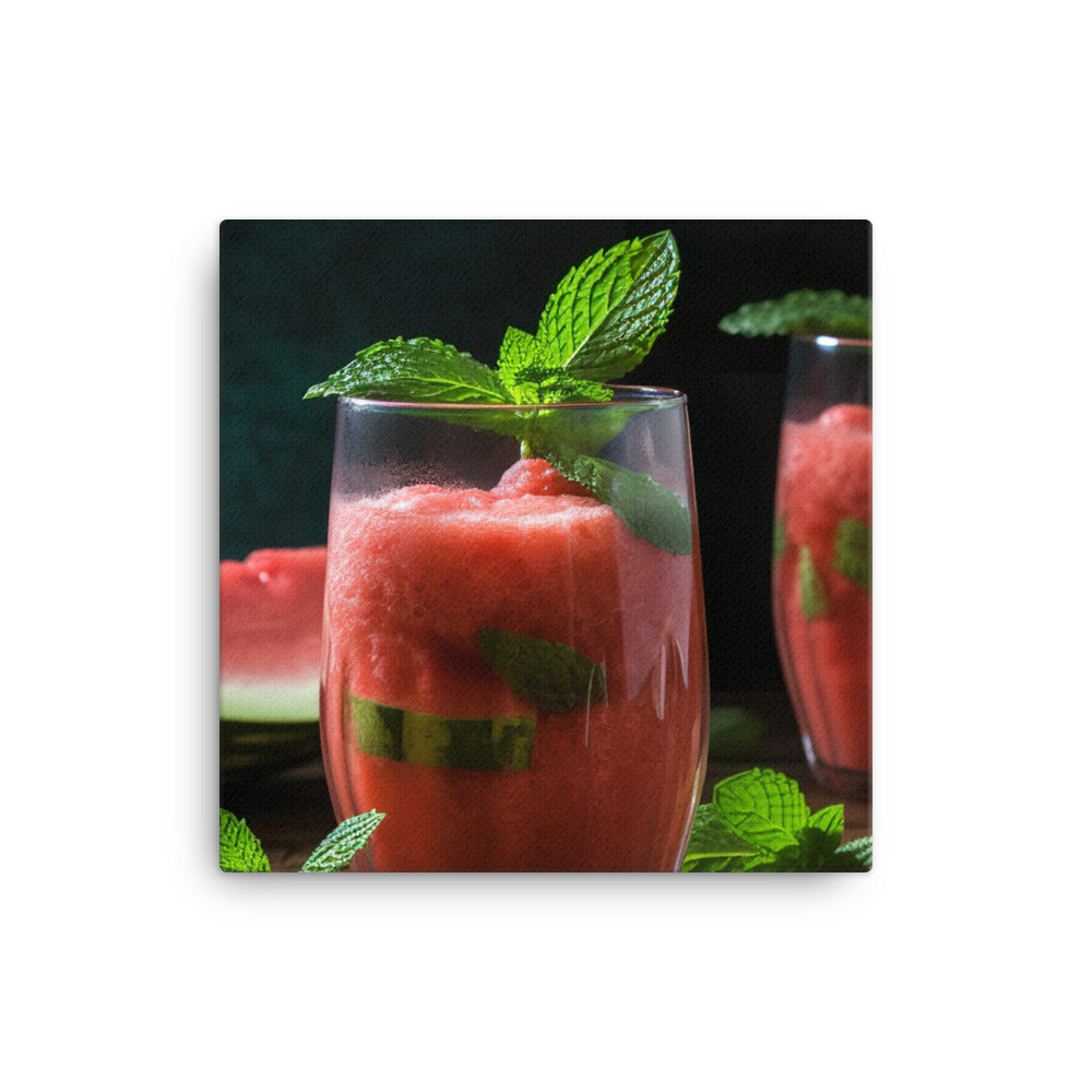 Two glasses of watermelon mint smoothie canvas - Posterfy.AI