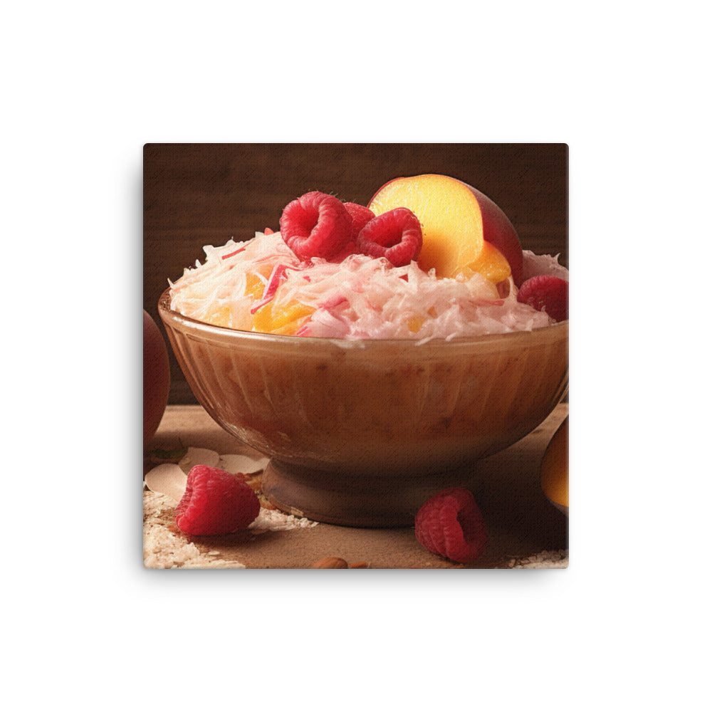 Peach raspberry smoothie in a coconut bowl canvas - Posterfy.AI