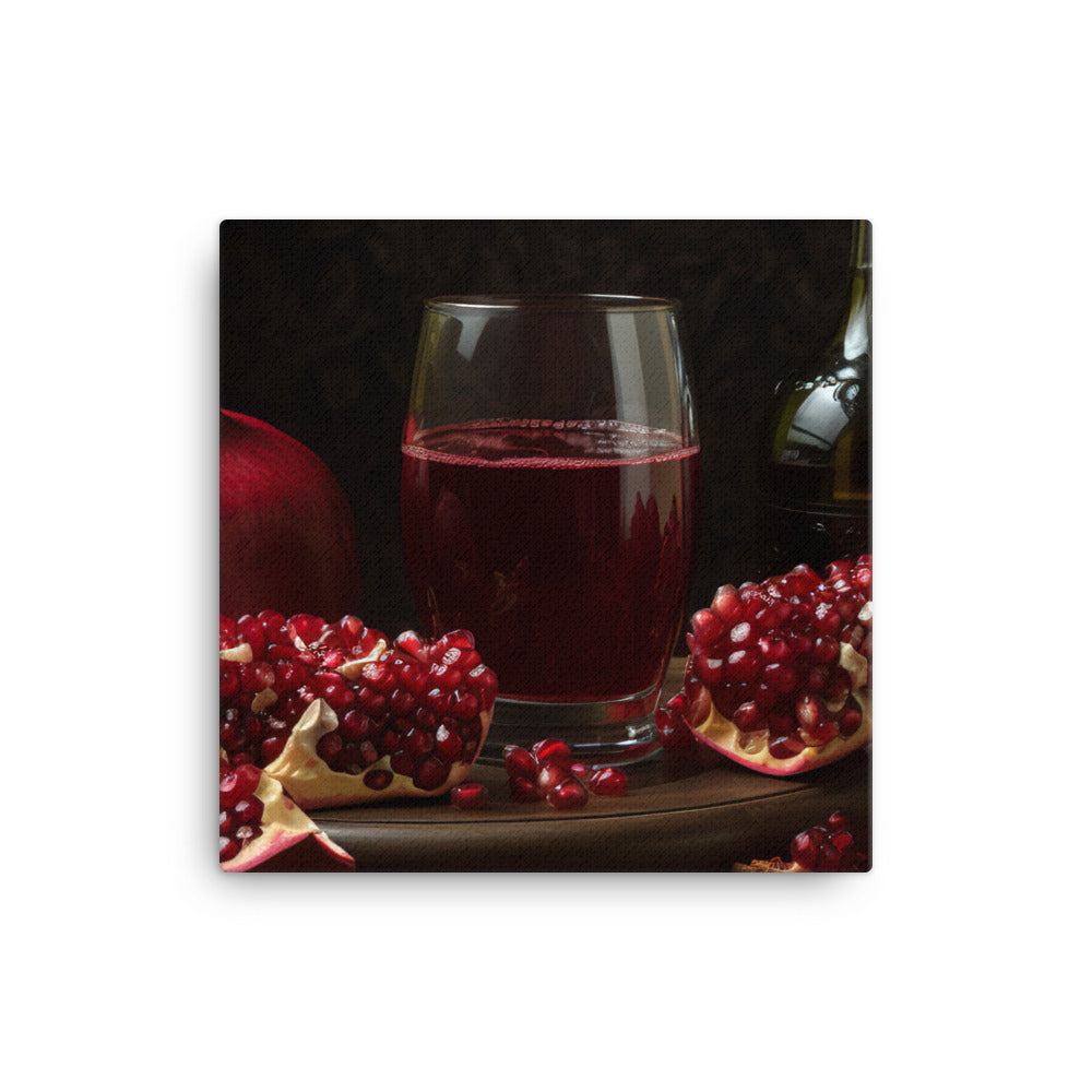 Pomegranate halves and a glass of juice canvas - Posterfy.AI