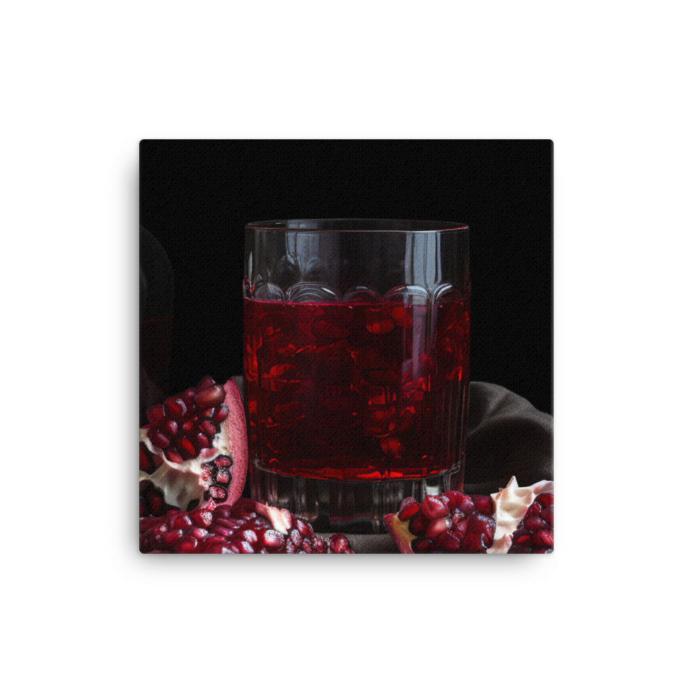 Pomegranate halves and a glass of juice canvas - Posterfy.AI