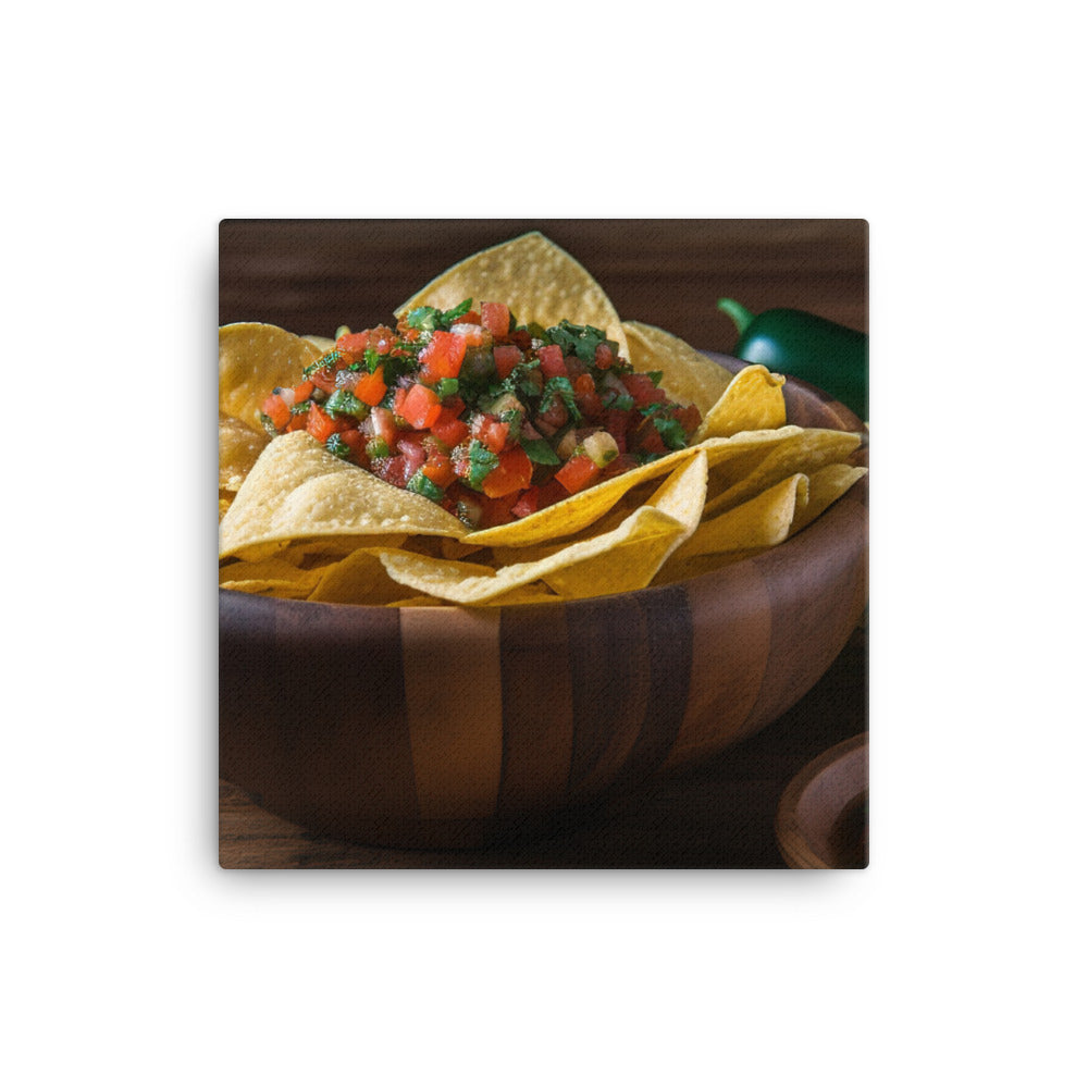 A colorful bowl of chips and salsa canvas - Posterfy.AI