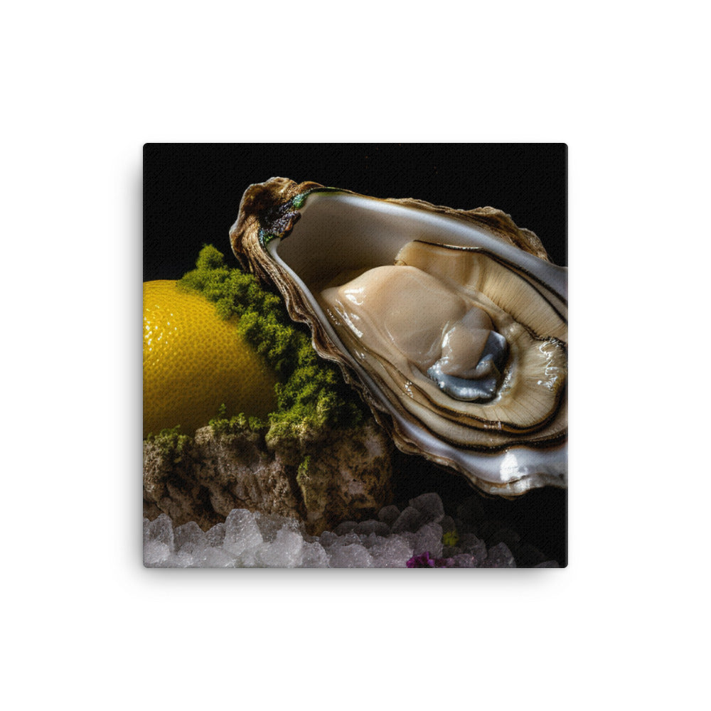 Succulent Belon oyster with lemon wedge canvas - Posterfy.AI