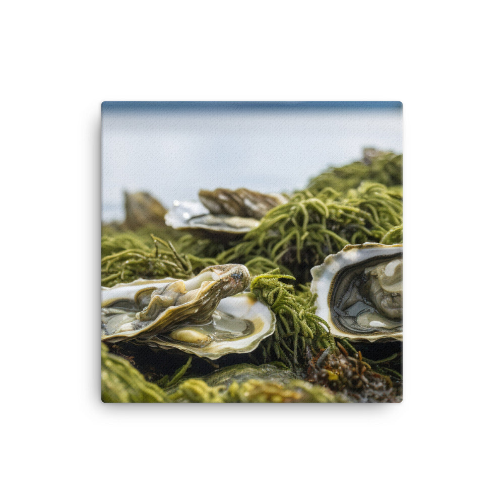 European Flat Oysters on a Bed of Seaweed canvas - Posterfy.AI