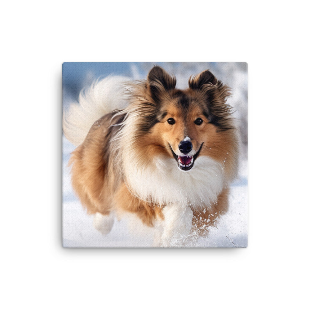 Shetland Sheepdog Playing in the Snow canvas - Posterfy.AI