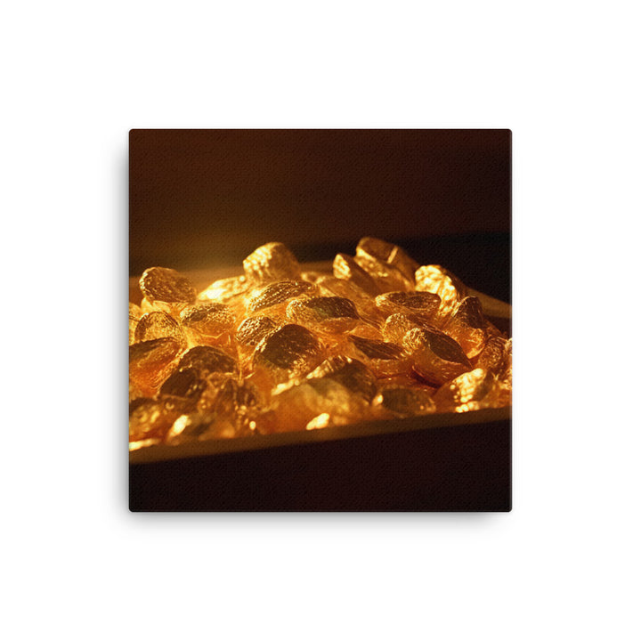 A pile of gold nuggets in a wooden tray canvas - Posterfy.AI