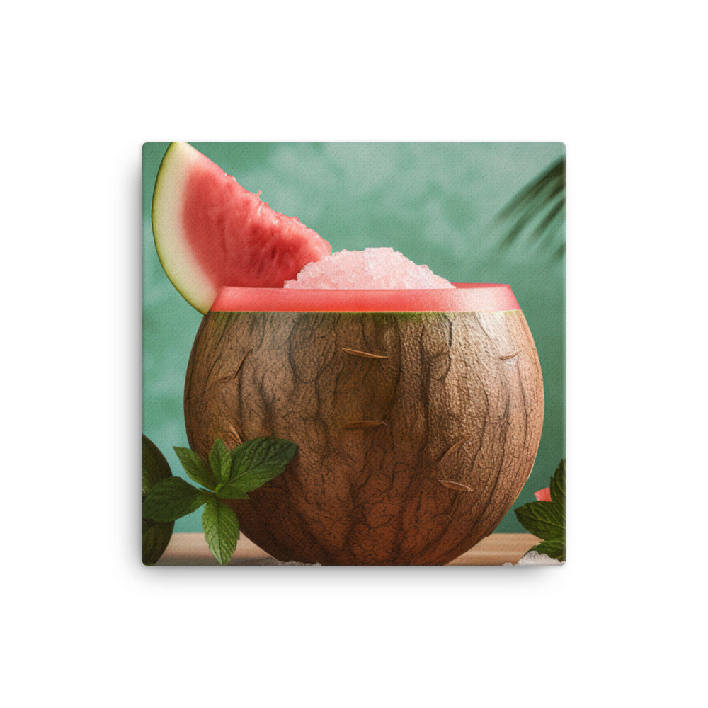 Watermelon mint smoothie in a coconut shell canvas - Posterfy.AI