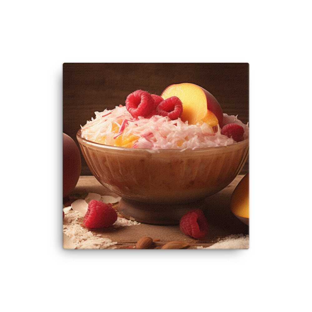 Peach raspberry smoothie in a coconut bowl canvas - Posterfy.AI