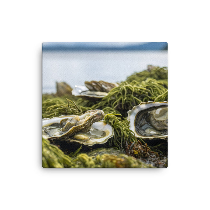 European Flat Oysters on a Bed of Seaweed canvas - Posterfy.AI