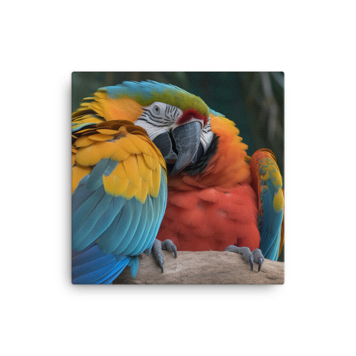 Two Macaws cuddling on a tree branch Canvas - PosterfyAI.com