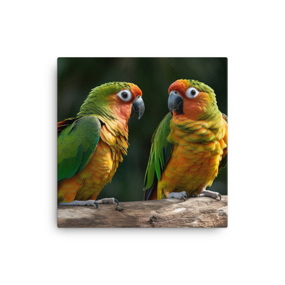 Two Conures perched side by side Canvas - PosterfyAI.com