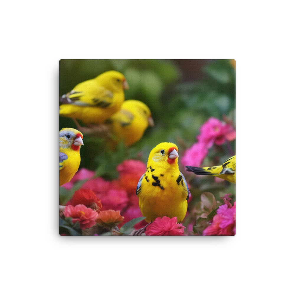 Colorful canaries in a blooming garden Canvas - PosterfyAI.com