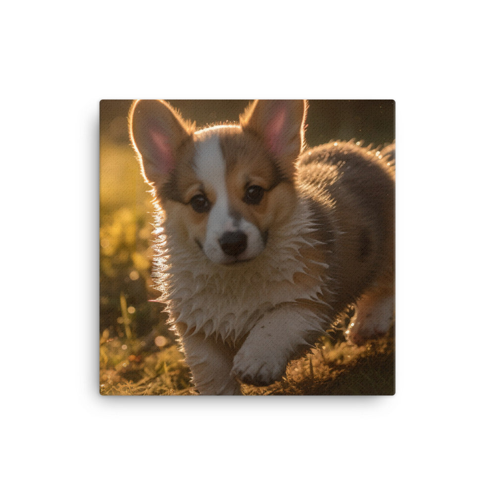 Welsh Corgi Puppy Playing Canvas - PosterfyAI.com