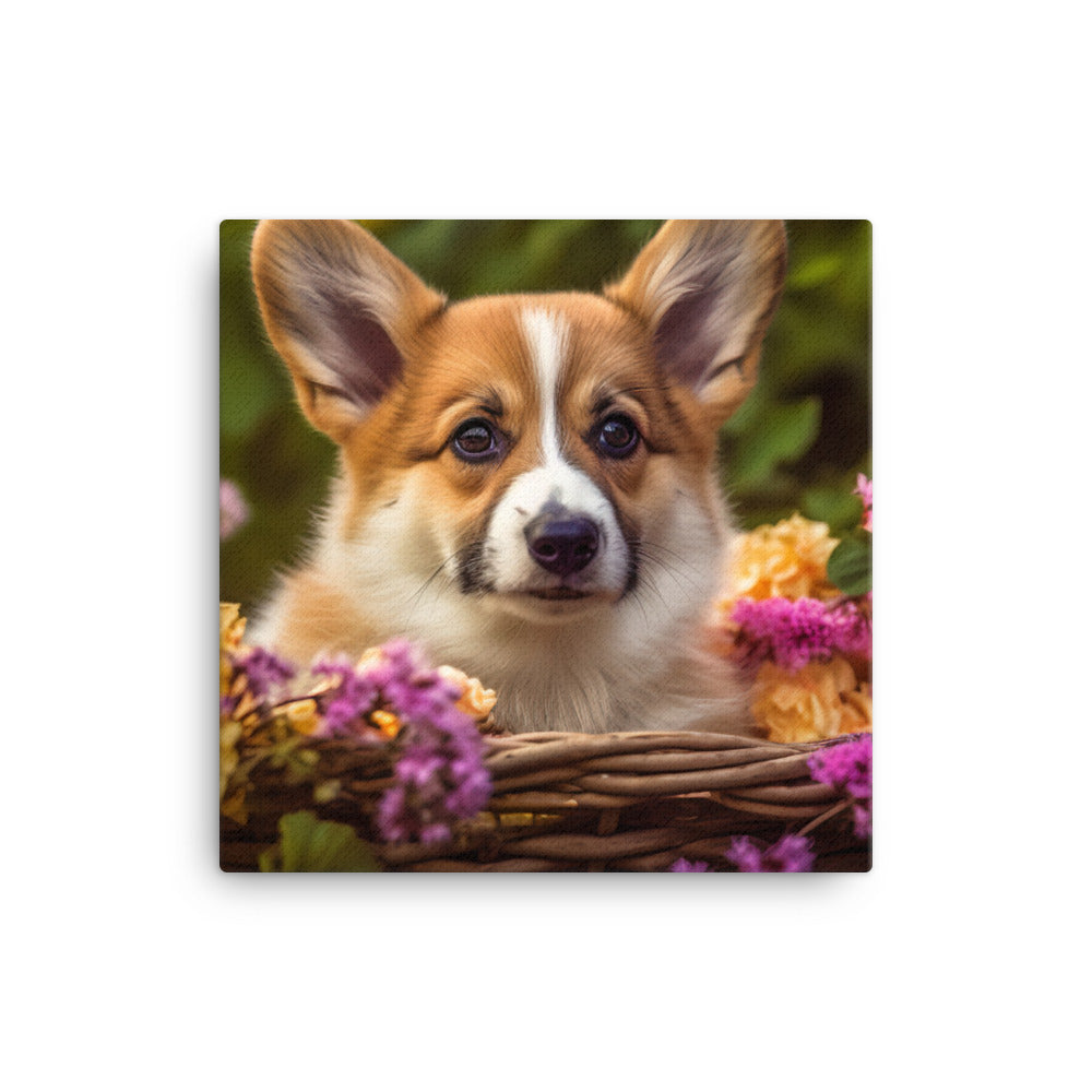 Welsh Corgi Puppy in a Basket Canvas - PosterfyAI.com