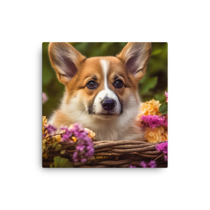 Welsh Corgi Puppy in a Basket Canvas - PosterfyAI.com