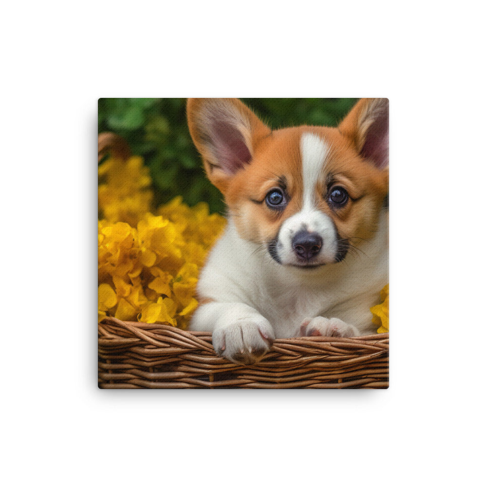 Welsh Corgi Puppy in a Basket Canvas - PosterfyAI.com