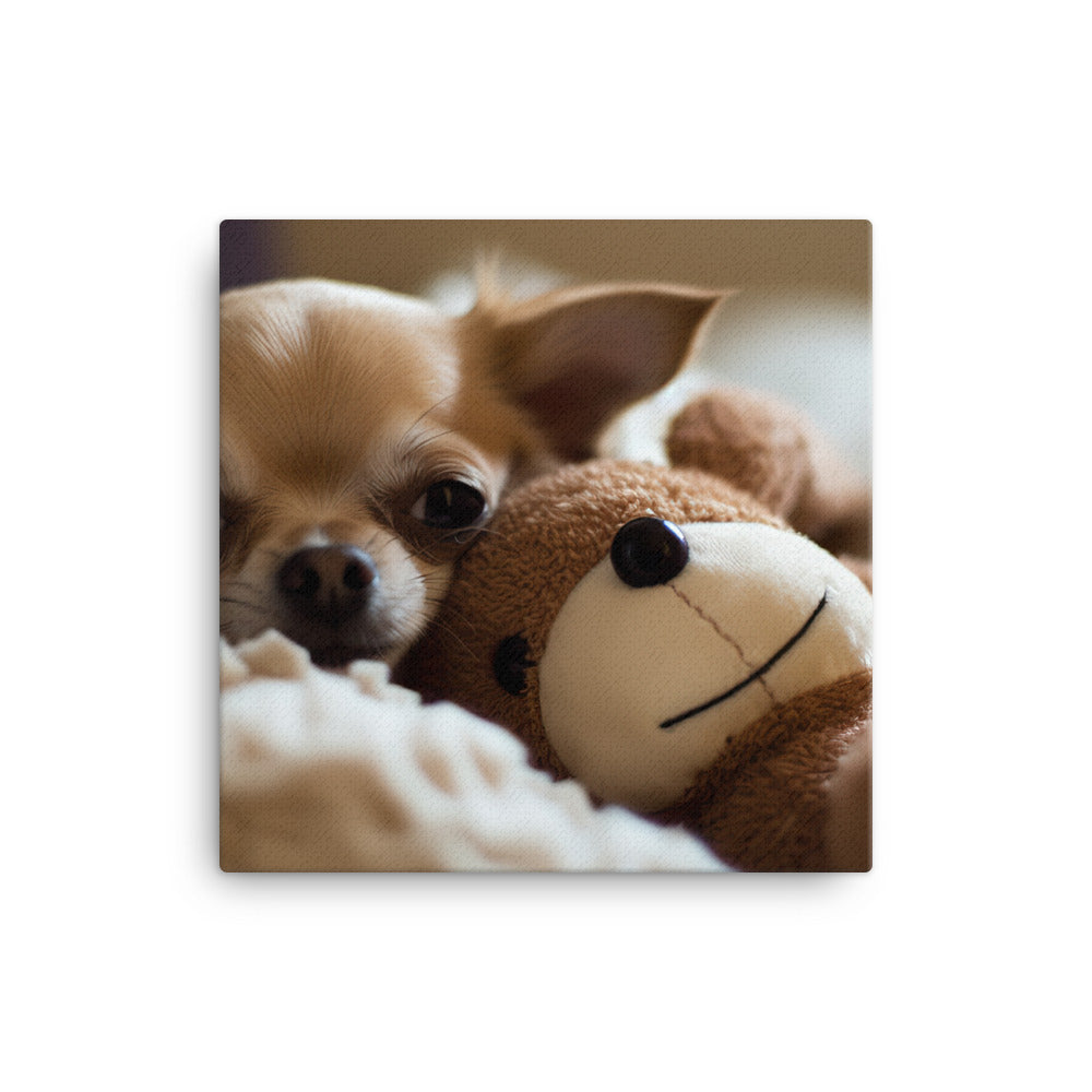 A Chihuahua snuggled up with a plush toy Canvas - PosterfyAI.com