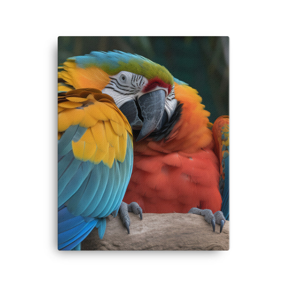 Two Macaws cuddling on a tree branch Canvas - PosterfyAI.com